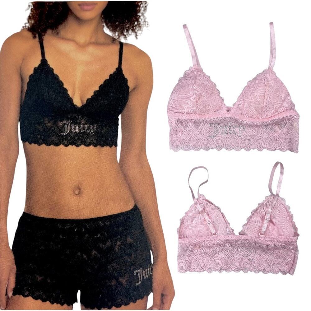 NWT JUICY COUTURE Lace Rhinestone Bralette Sz Large Pink
